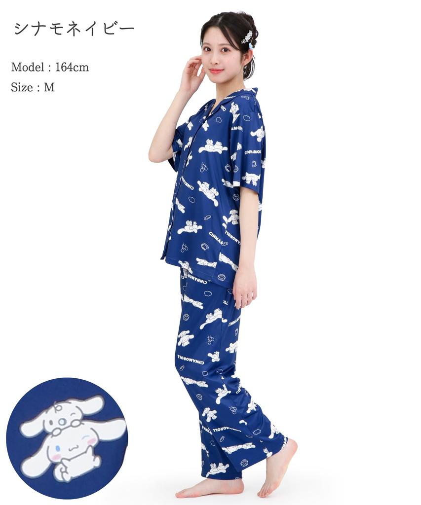 SAZAC Cinnamoroll and Milk Shirt Powder Stretch Short Sleeve and Long Pants Loungewear Pajamas, Fabric, Women's Set, (Navy/M/SAN1951)