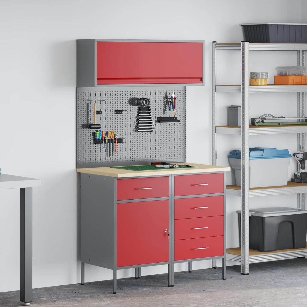Workbench Cabinet Set with Drawers and Shelf 5 pcs Red
