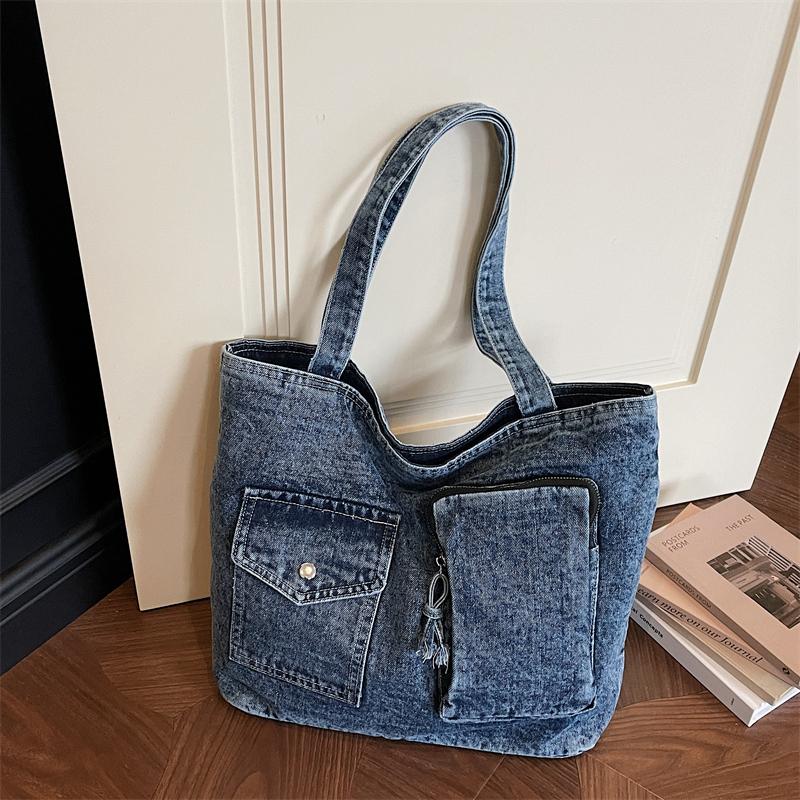 New Denim Solid Color Zipper Shoulder Bags  Large Capacity Women's Handbags High Quality Sweet Daily Commute Handbags
