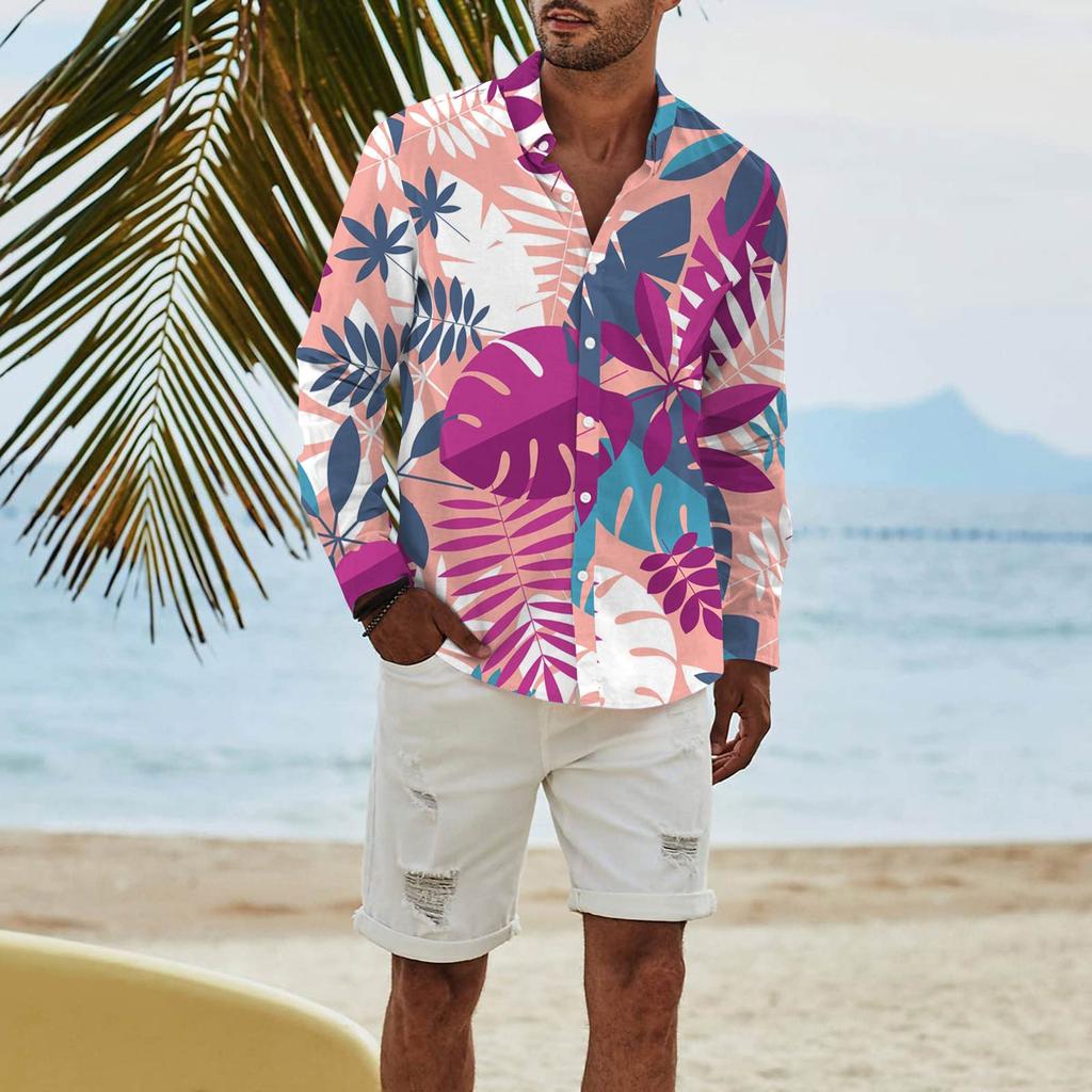 Men's Fashion Long Sleeve Printed Casual T Shirt Button Regular Fit Shirt Top