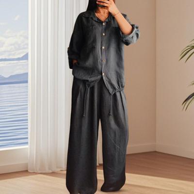 Damen Baumwollleinen 2-teiliges Outfit Lässig Langarm Knopfleiste Kordelzug Saum Bluse und Weitbein Hose Loungewear Set