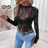 Damen Tops Rundhals Langarm Slim Fit Frühling Herbst Pullover Tops Durchsichtiges geometrisches Spitzenblumennetz T-Shirt