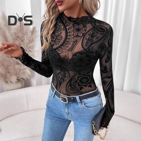 Damen Tops Rundhals Langarm Slim Fit Frühling Herbst Pullover Tops Durchsichtiges geometrisches Spitzenblumennetz T-Shirt