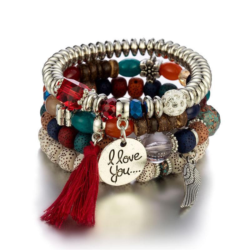4PCS Bohemian Multi-Strand Beaded Bracelet Set with Fringe Tassel & Wing "I Love You" Charm - Women's Layered Jewelry Gift for Summer Fashion