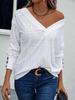 2024 Trendy European & American Women's Hollow V-Neck Drop Shoulder Long Sleeve Button T-Shirt