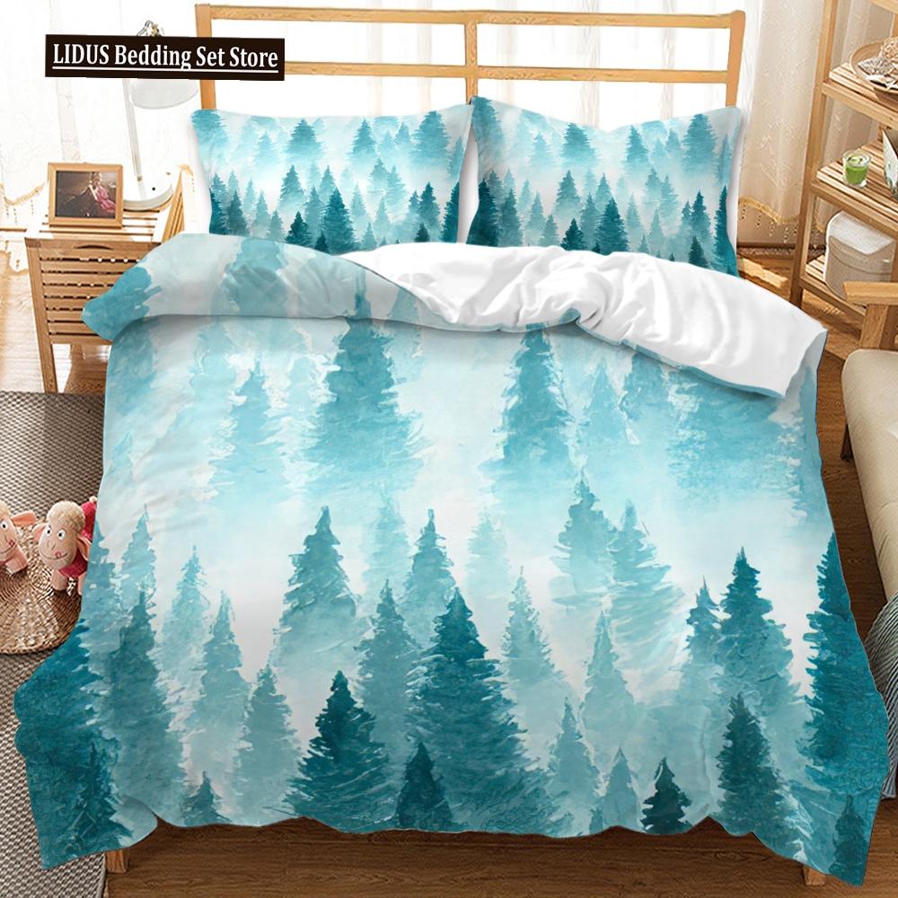 3D Mountain Forest Duvet Cover Set Snow Mountain Winter Theme King Queen Size Comforter Cover For Kid Teen Polyester Bedding Set