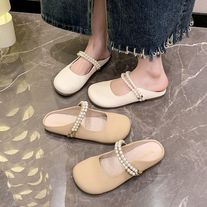 French Small Sandals Women's Summer Wear Muller Flat-bottomed Bag Head Mary Jane Half Slippers Small Fragrant Single Shoes Beach Slippers