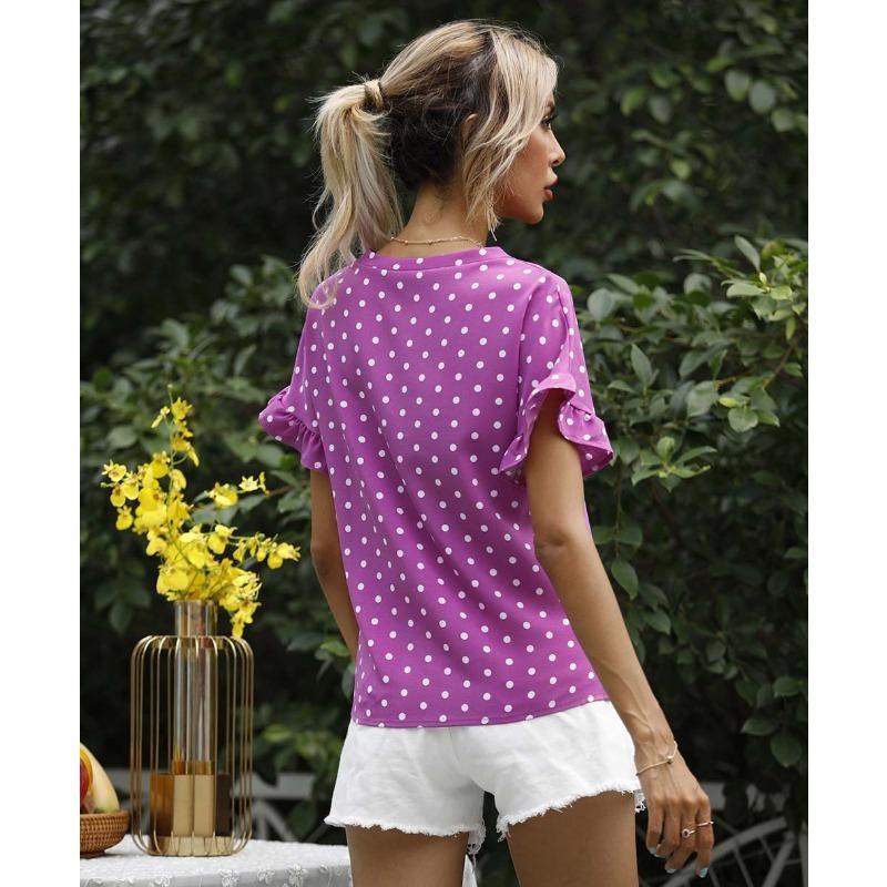Women's Summer Polka Dot V-Neck Short Sleeve T-Shirt Top
