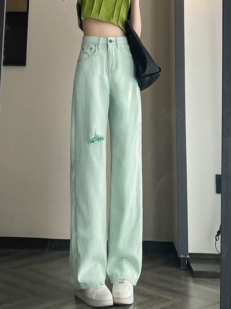 

Women s Light Green Distressed High-Waisted Loose Straight-Leg Jeans - Petite Drapey Floor-Length Pants XS светло-зеленый