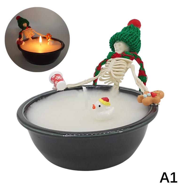 Halloween Skeleton Candle Decorations Ornament Gothic Cauldron Milk Basin Bathing Skull Candle With Hat Scarf Home Decor Gift