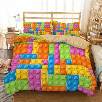 Colorful Toy King Queen Duvet Cover 3D Building Block Pattern Bedding Set Fun Brick Quilt Cover Gradient Rainbow Comforter Cover