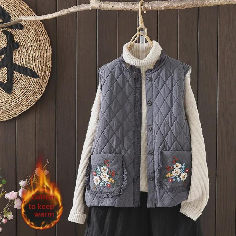 2023 Winter Women's Embroidered Cotton Vest: Loose, Versatile Large Size with Double Pockets