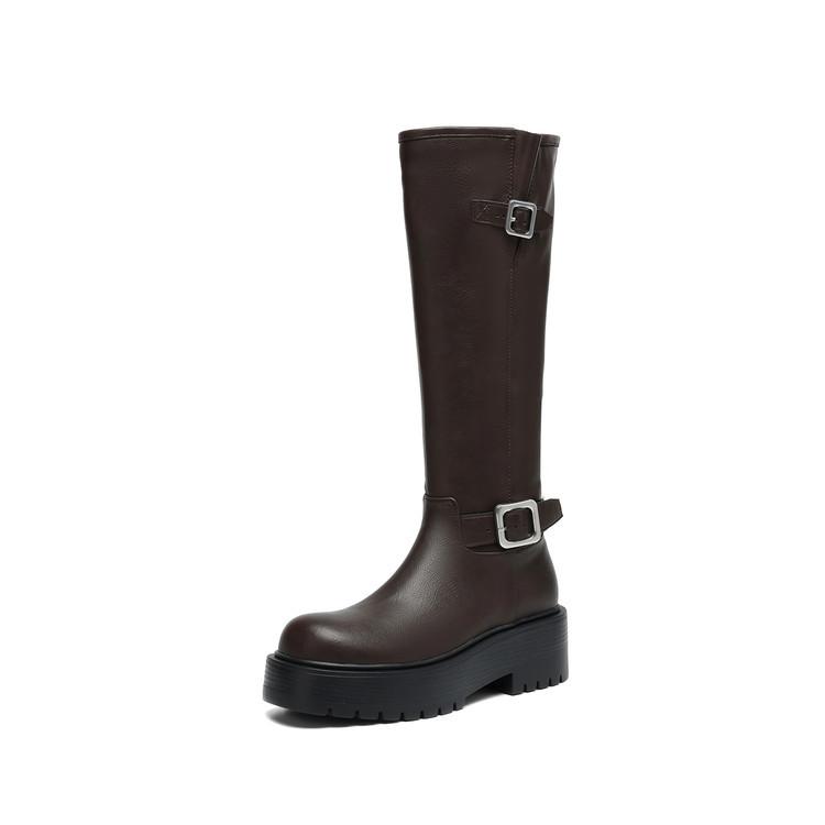 European and American Leather Round Head Thick-soled Knight Boots Foreign Trade New Belt Buckle Muffin Bottom Comfortable Versatile Thick Heel H