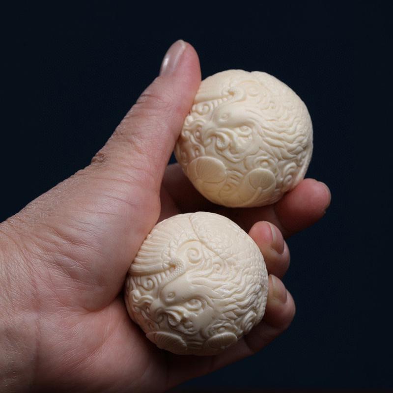 Ivory Dragon & Phoenix Fruit Massage Hand Balls - Wooden Walnut Health Gift for Elders