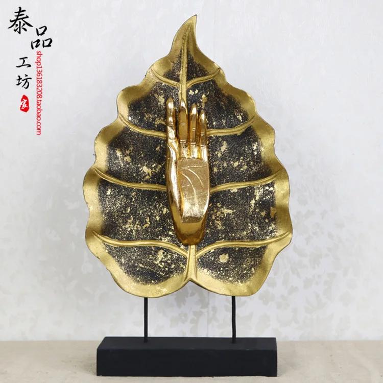 

Handmade Solid Wood Buddha Hand Ornament Bodhi Leaf Shape Office Decor Carved Gold Powder Painted Surface