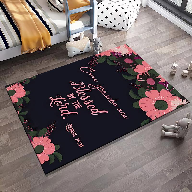 Floral Script: Blessed Quote Rug Non-slip Rug Suitable for Living Room and Bedroom Sofas.