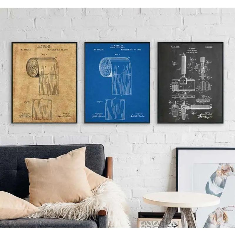 Toilet Paper Patent Vintage Poster, Bathroom Wall Art Prints, Toilet Paper Roll, Canvas Painting Blueprint, Toilet Sign