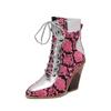 Krazing Pot Polyurethane Autumn Winter Shoes 47 Size 48 Super Size Wedges Pointed Toe Lace Up Serpentine Fashion Ankle Boots