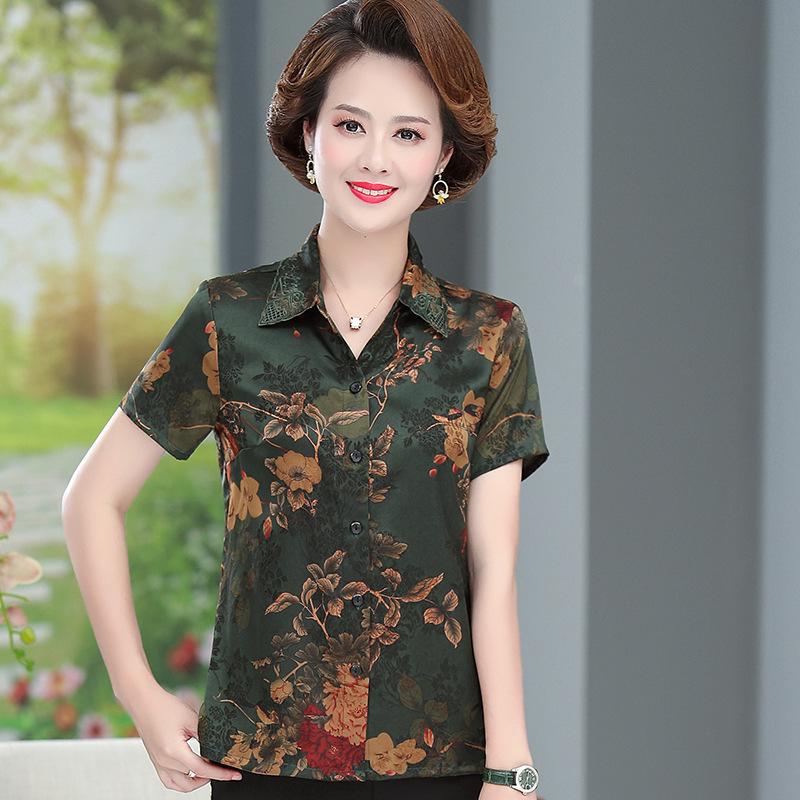 Silk Xiangyunsha Short-Sleeve Top for Middle-Aged Women