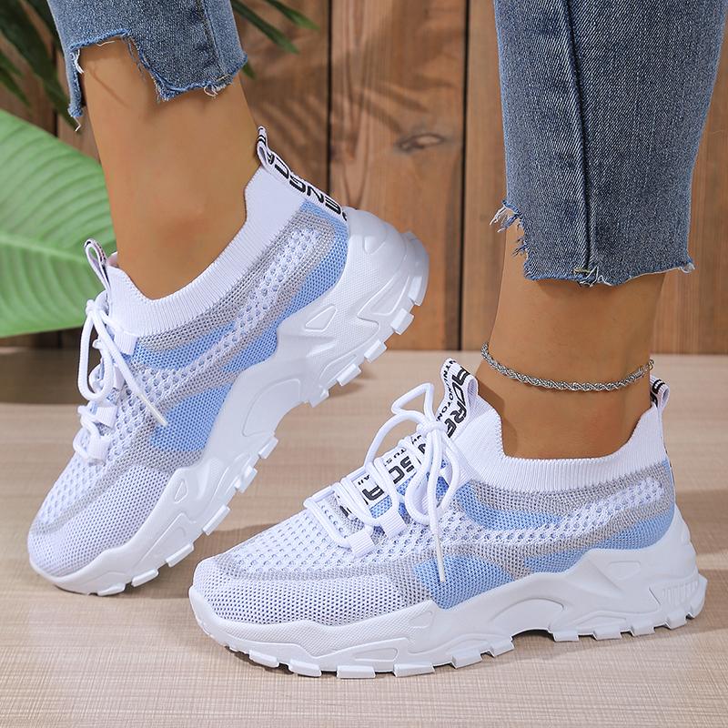 Tênis Tricotados Femininos da Moda Mistura de Cores Malha Respirável Plataforma Sapatos de Corrida Mulher Leve Antiderrapante Casual Sapatos Esportivos