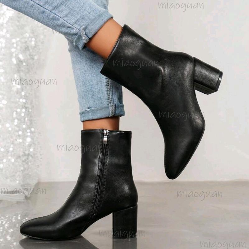 Women's High Heel Short Boots 2026 Autumn New Plus Size 35-42 Side Zipper Chunky Heel Square Toe Black Ankle Boots Botas Mujer