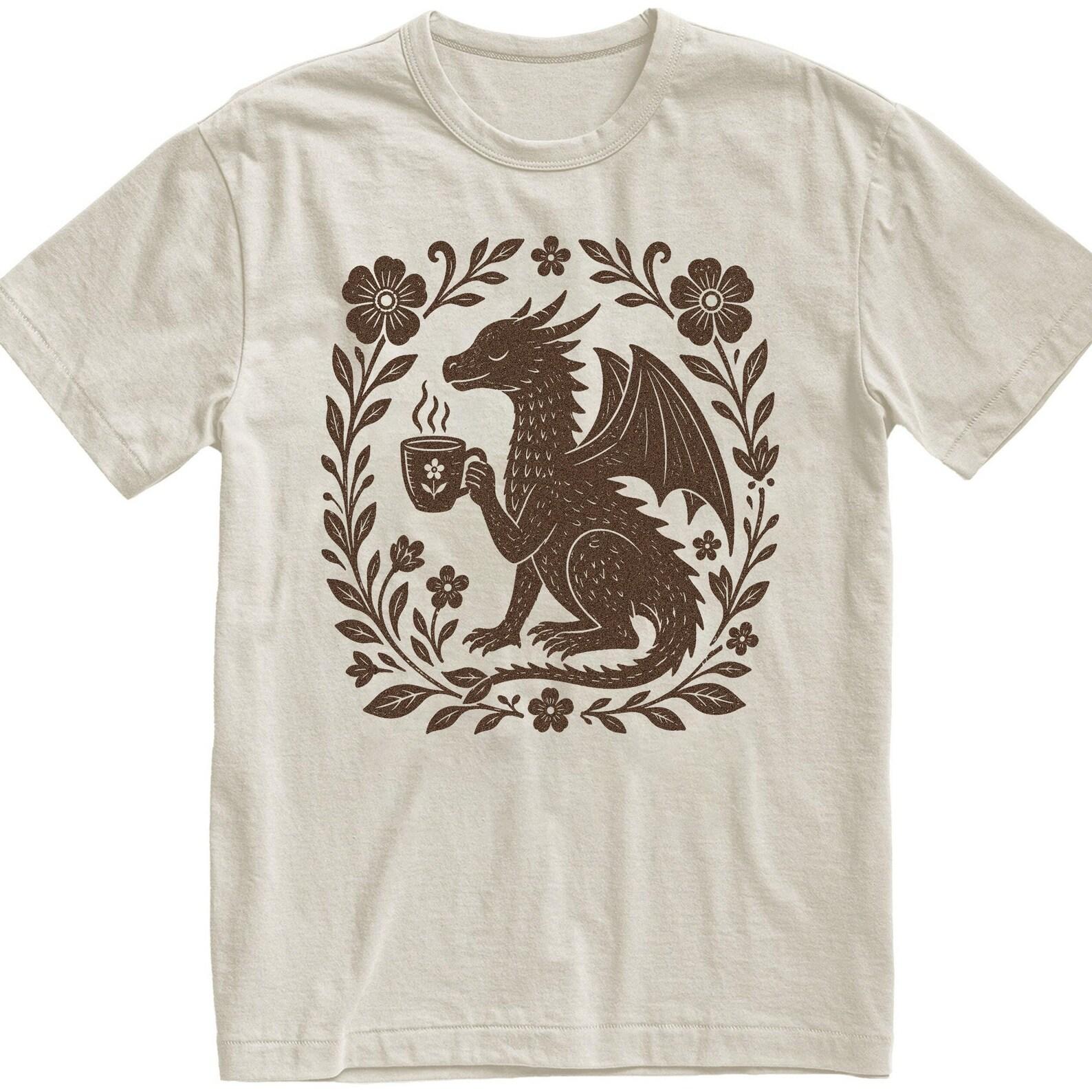 Boho Floral Dragon Shirt, Coffee Lover Dragon Graphic, Vintage Fantasy Creature Daily Tee 4XL