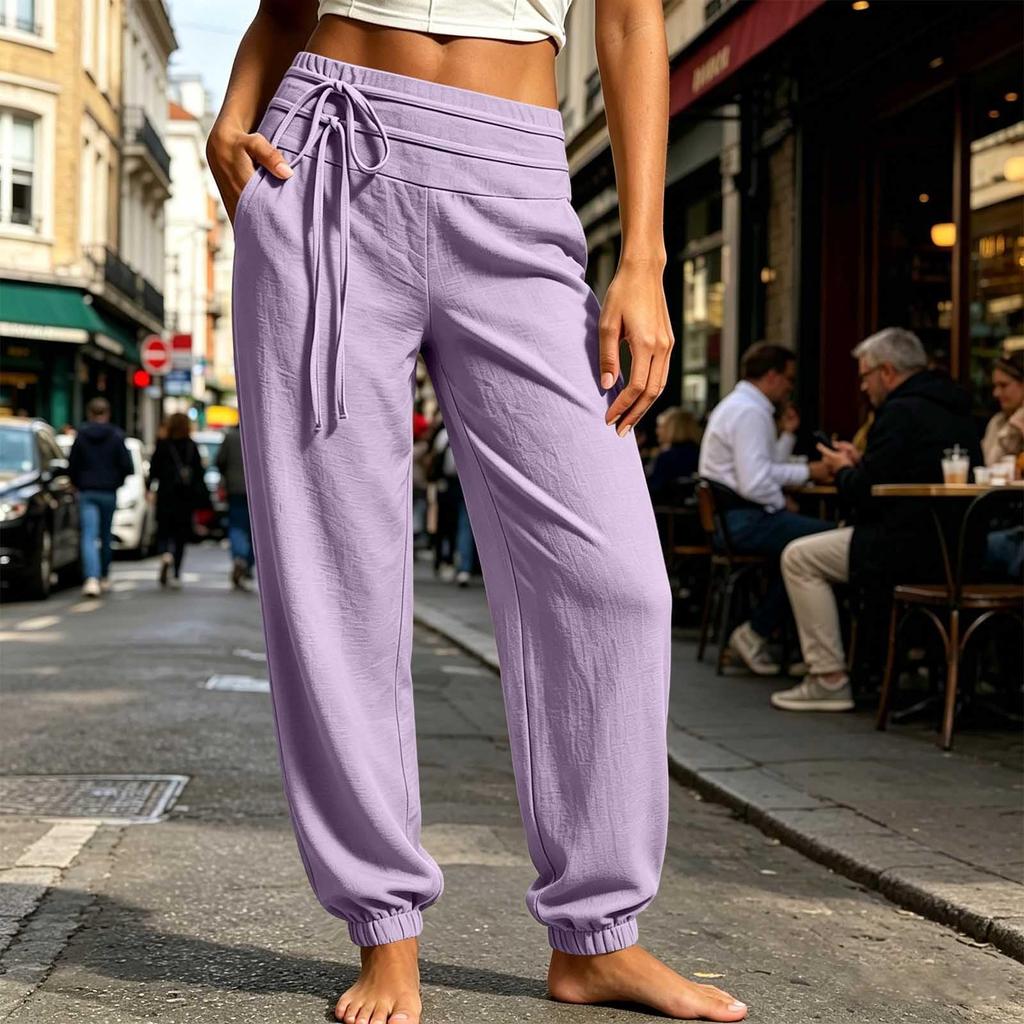 Women Casual Straight Leg Pants Elastic Waistband Drawstring Lightweight Comfortable Loose Fit Lounge Trousers