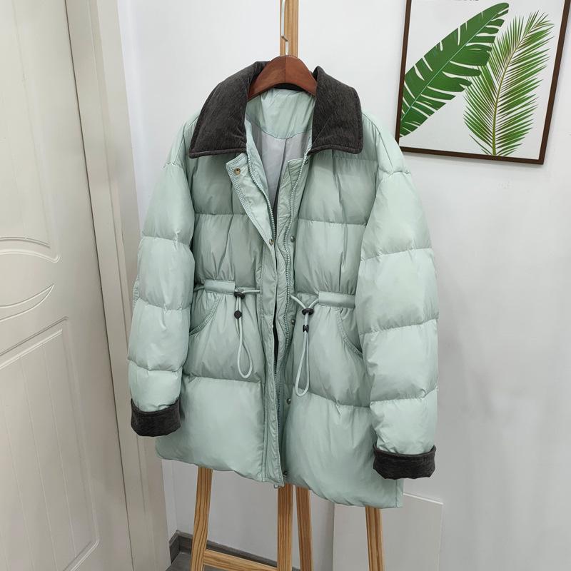 

Women s Mid-Length Corduroy Lapel Slimming White Duck Down Coat One Size