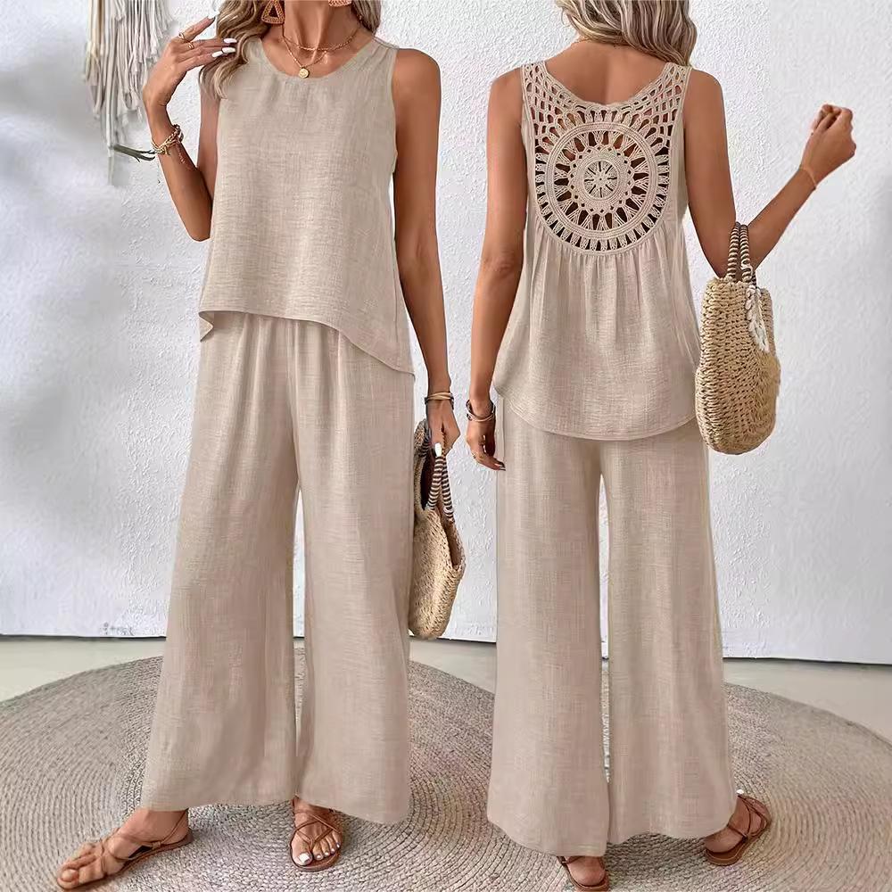 Solid Color Casual Loose Pants Sets For Women Elegant Summer Women's Two Pieces Suit Full Trouser Set Female Outfit Clothes