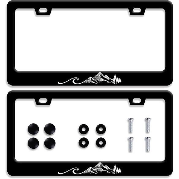 Waves License Plate Frame Ocean Wave Mounta License Plate Stainless Steel Parts Funny License Plate Decorative With Screws Size 12.3" X 6.3"