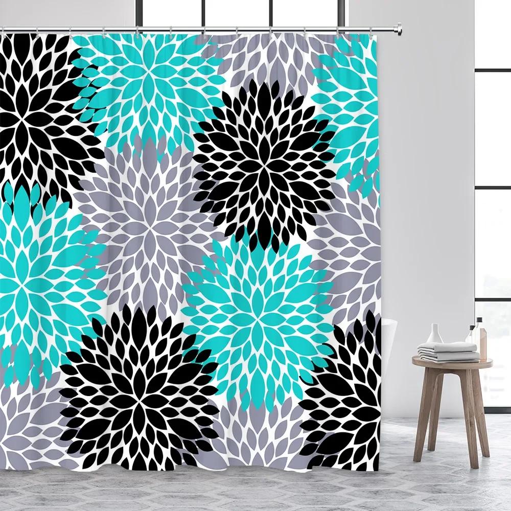 Purple Flowers Shower Curtain Abstract Chrysanthemum Gray Background Autumn Plant Fabric Bathroom Decor Curtains Sets with Hooks