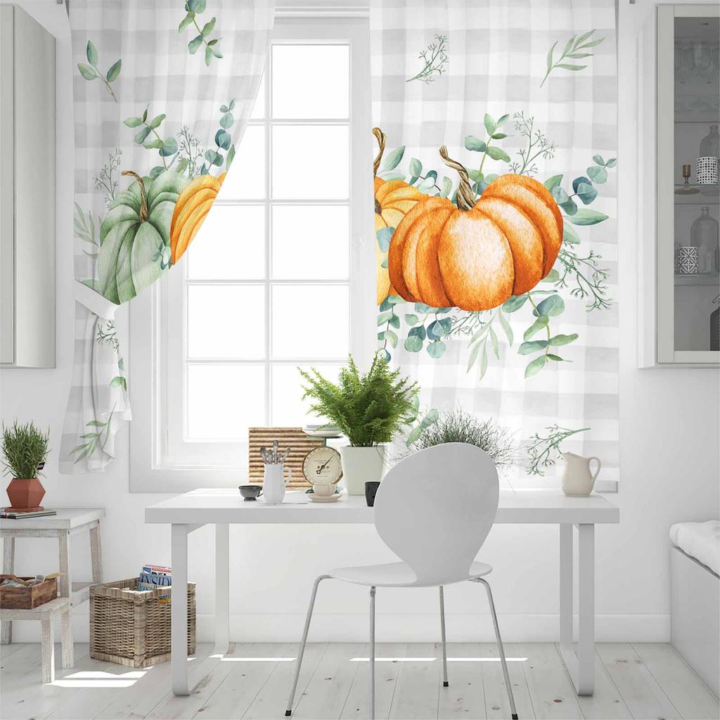 Tacksägelse Pumpa Eukalyptusblad Grå Rutig Mörkläggningsgardiner För Vardagsrum Sovrum Fönsterbehandling Persienner Draperier