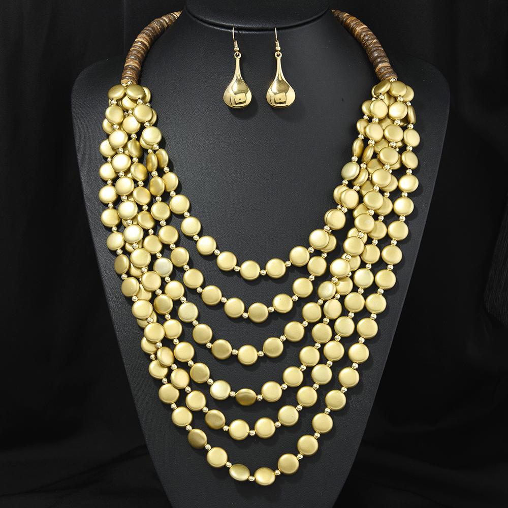 2026 Trend Multi Layer Round Wood Disc Handmade Beaded Statement Necklace Earrings Set For Women Party Jewelry Accessories