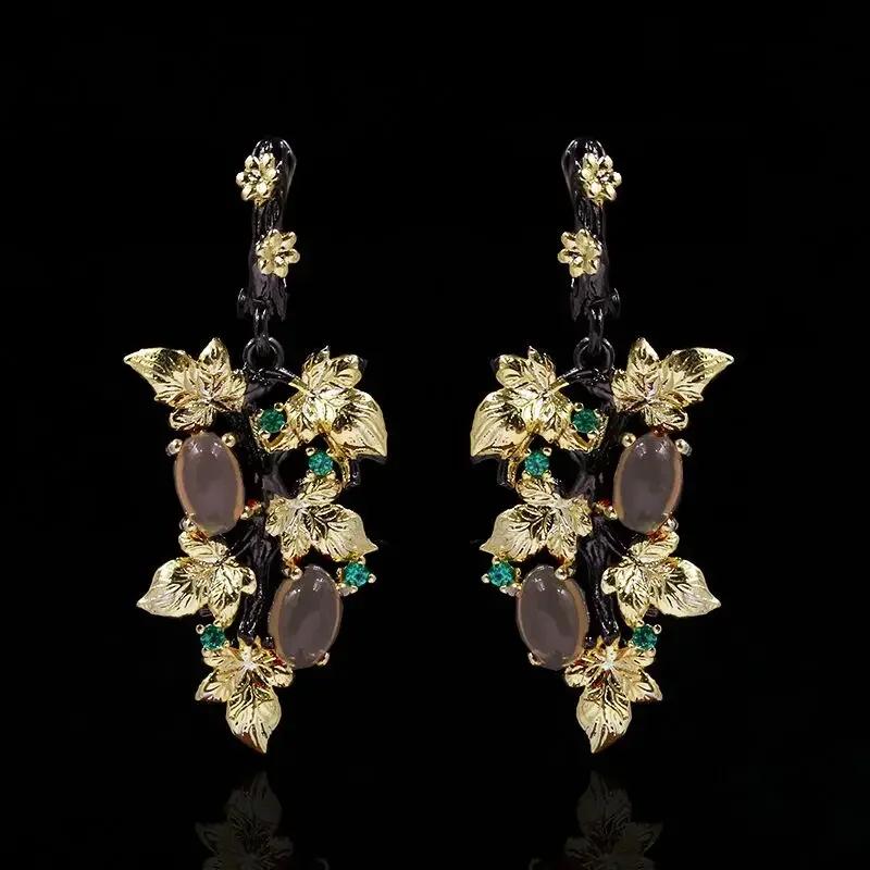 Neuer Eleganter Schwarzgoldener Rubin Anhänger Blume Blatt 925 Silber Ohrringe Kristall Edelstein Damen Schmuck Ohrringe Silber 925 Schmuck