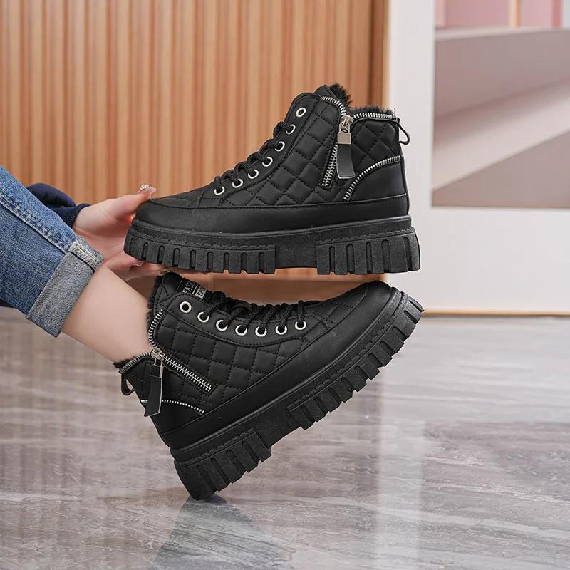 

Fashion 2025 Women s Boots Winter New High Top Women Plush Warm Student Cotton Shoes Thick Soled Lace Up Height Increasing Cotton Boots 35 чёрный