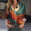 Women's Casual Long Sleeve Half Button Down Shirt with Halloween Print for Fall