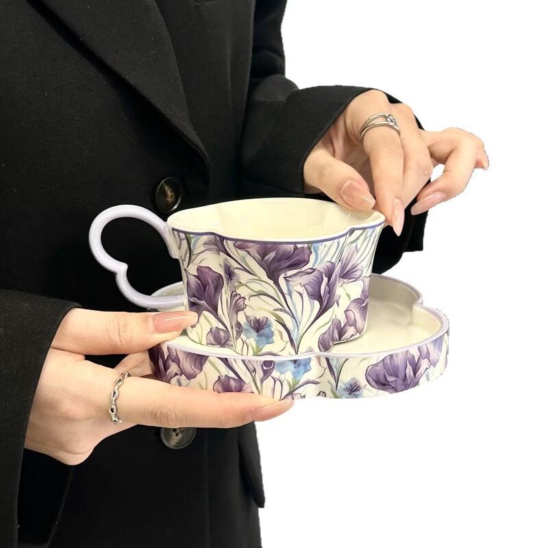 OLOEY Purple Iris & Rose Ceramic Coffee Cup Set