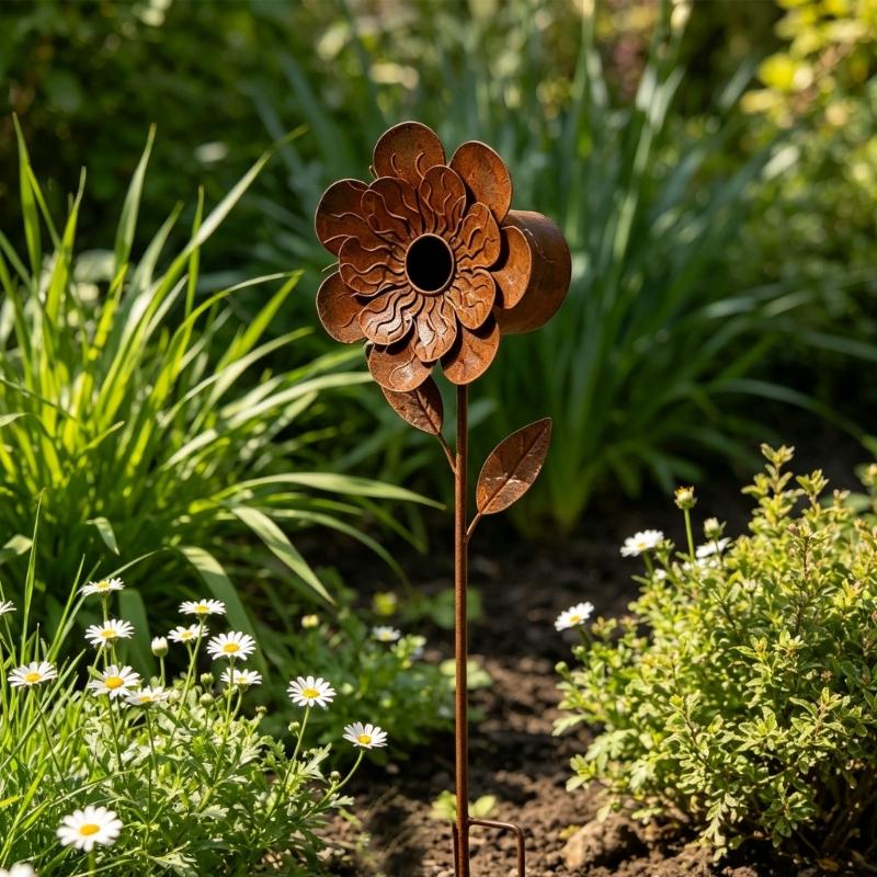 Iron Flower Garden Stake with Brown Finish, Raised Flower Head, Leaf Shape, and Long Stem for Direct Placement In Soil, Lawns, and Outdoor Plantings