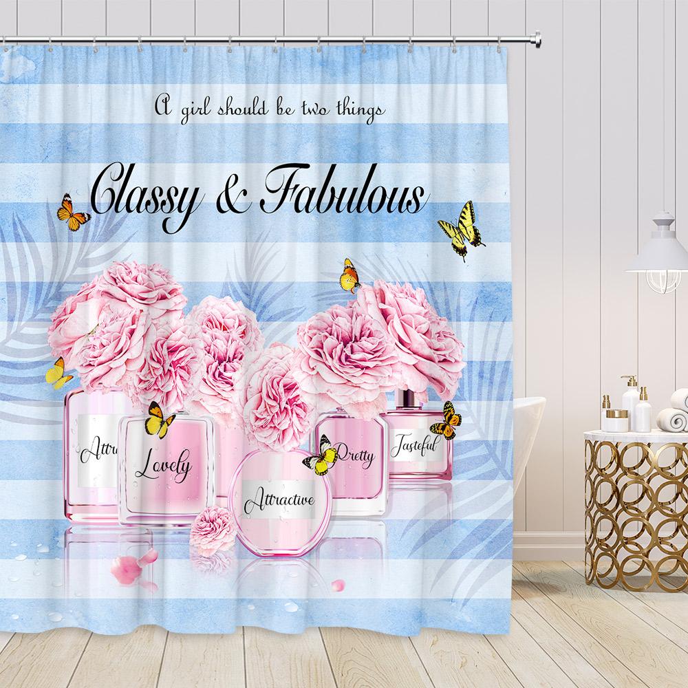 Pink Perfume Fashion Shower Curtains Cosmetics High-heels Dress Floral Bathroom Decorations Girl Vintage Bath Curtain with Hooks
