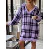 Womens Winter Knit Dress Loose Fit V-Neck Long Sleeve Plaid Color Block Midi Sweater