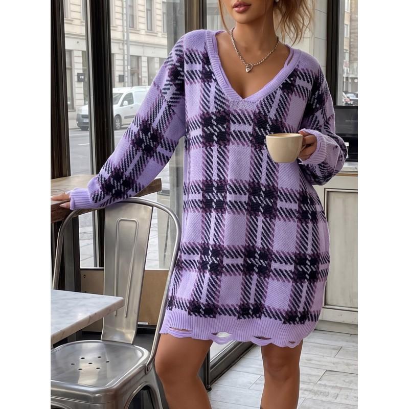 Womens Winter Knit Dress Loose Fit V-Neck Long Sleeve Plaid Color Block Midi Sweater
