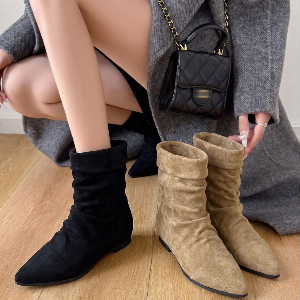 Inner height increase~ retro suede short boots women's autumn and winter new pointed pile boots temperament knight boots