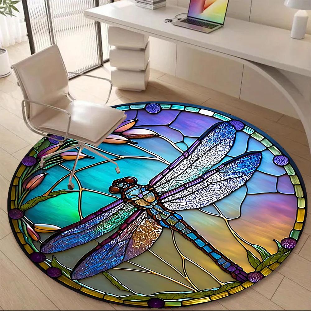 1PC Dragonfly StainedGlass Office Round Area Rug, Mat Suitable ForOffice, Under Office Chairs Bedroom Living Room Home Decor, Room Deco