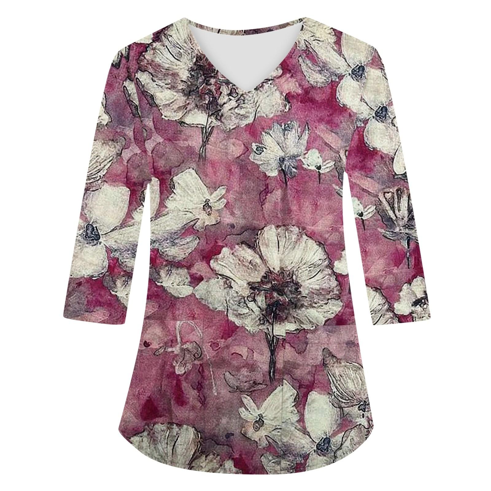 

Модная женская рабочая одежда с v-образным вырезом и рукавами 3/4, свободные топы с карманами и принтом XXXL