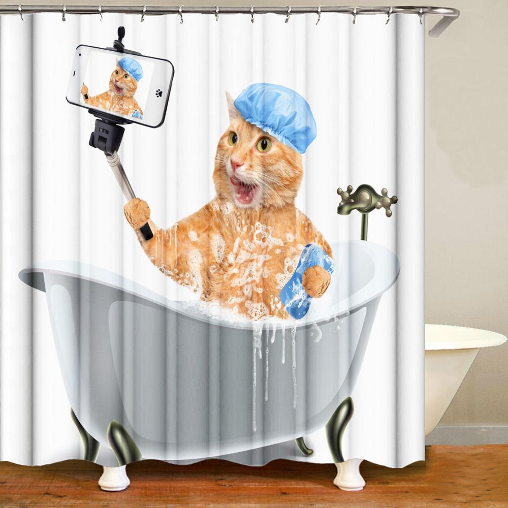 Cute Cat Animal Waterproof Polyester Shower Curtain With Hooks For Bathtub Bathroom Screens Home Decor Large Size Wall Cloth