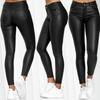 Pantaloni Skinny da Donna a Vita Alta in Ecopelle Monocolore Elasticizzati Vestibilità Slim alla Caviglia Pantaloni in PU con Tasca