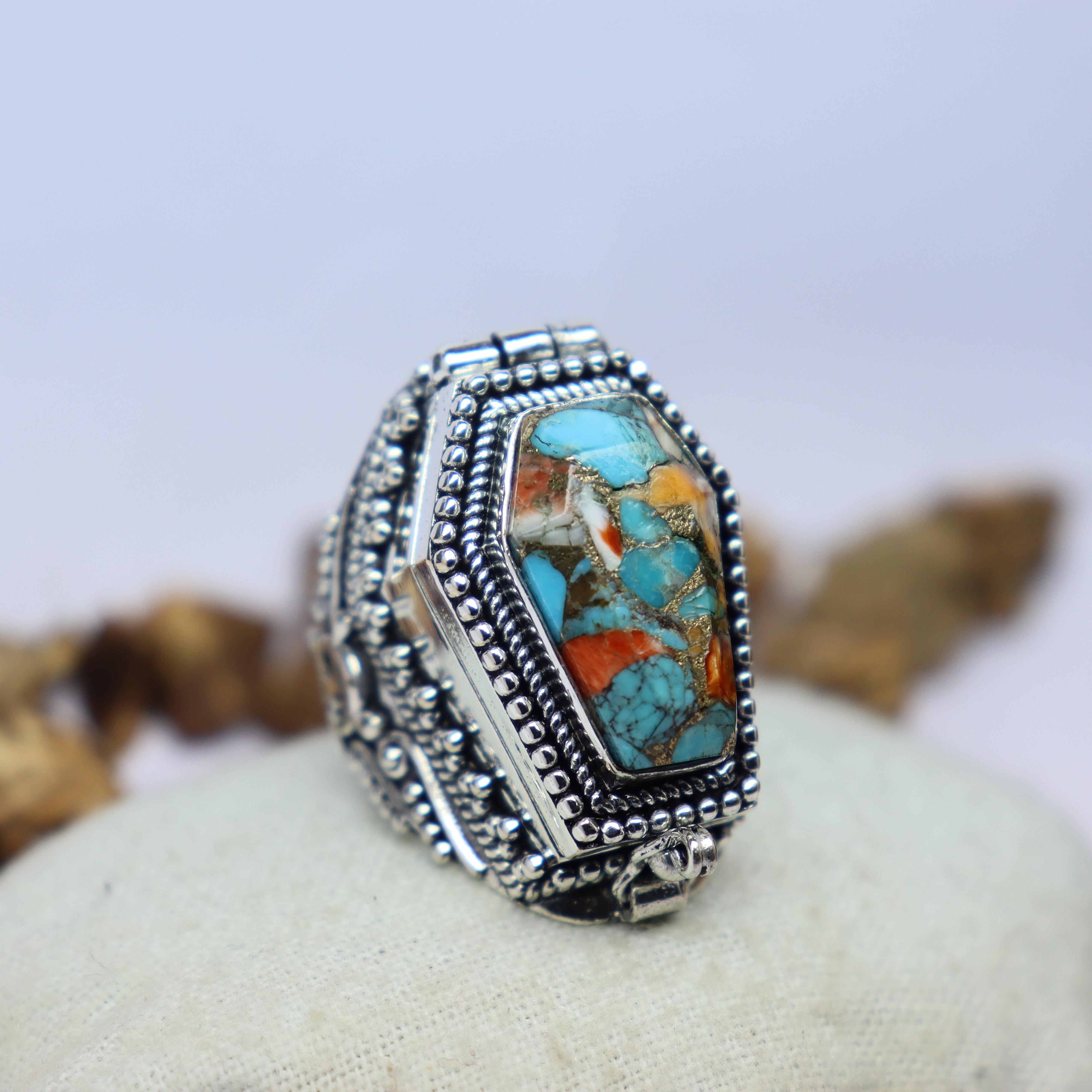 

Oyster Turquoise Coffin Poison Ring, Vintage Coffin silver plated Skull, December birth Medicine ring, Handmade secret Pillbox ,Gift for her 4US -14US срібний
