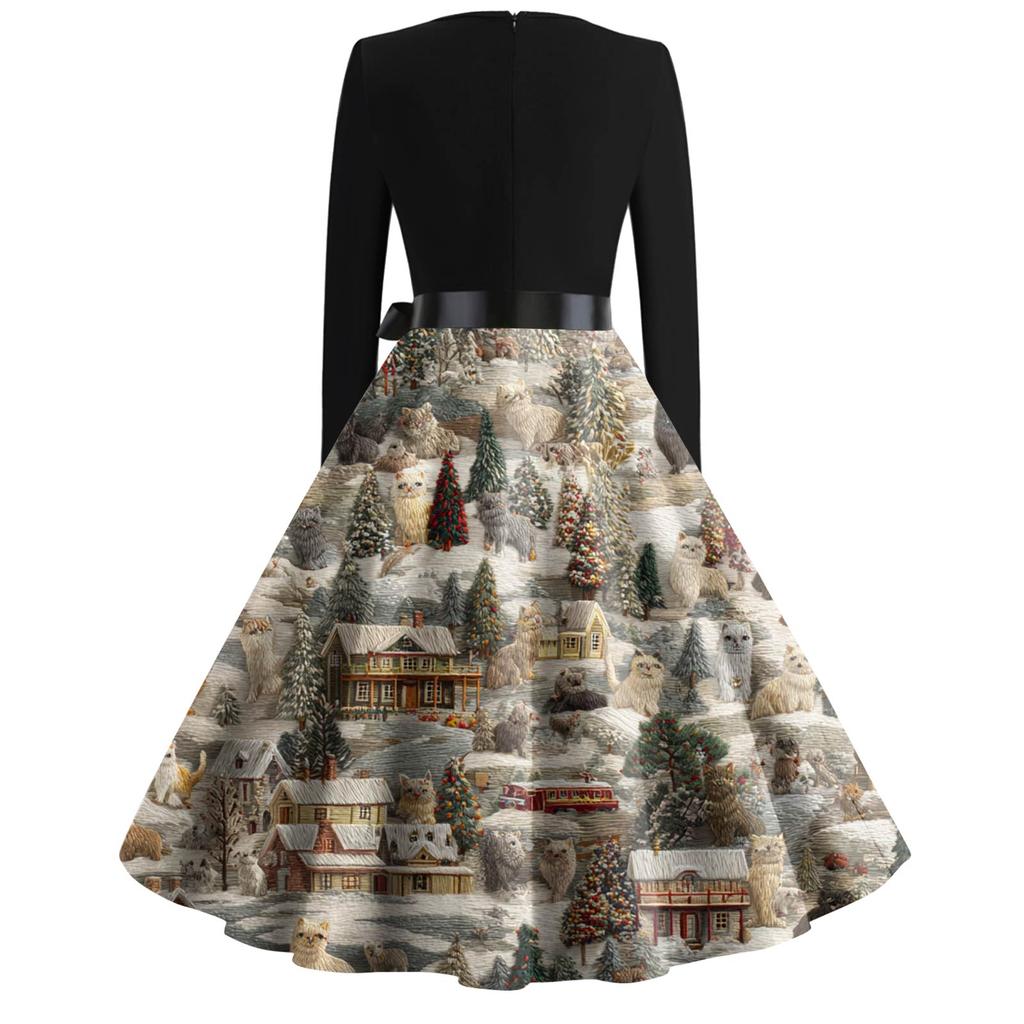 Women's Fashion Round Neck Slim-Fit Christmas Print Long-Sleeved Dress