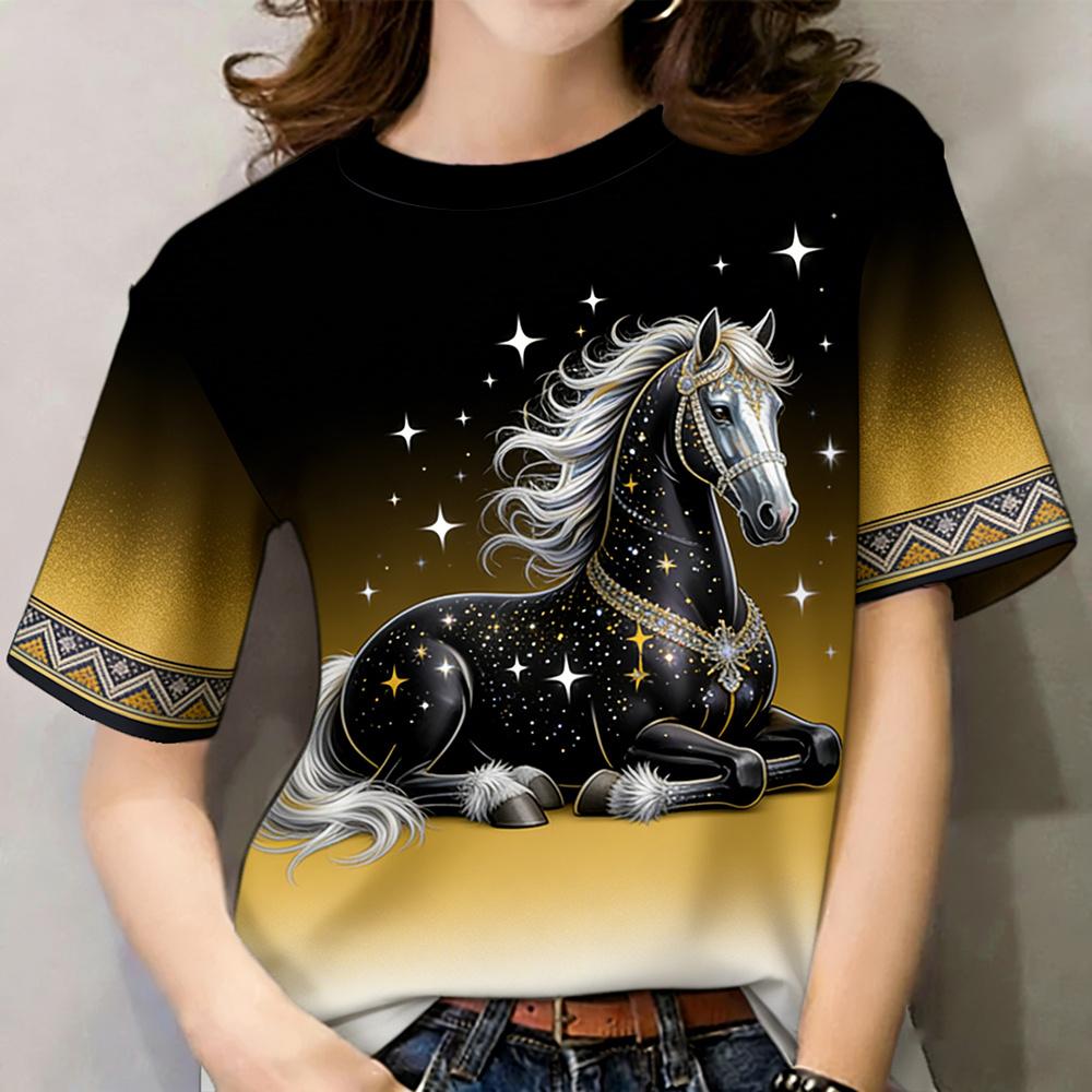 Pferde-Muster T-Shirts Floral 3D-Druck Damen Freizeit O-Ausschnitt Kurzarm T-Shirt Harajuku Lässige T-Shirts Y2k Tops Damenbekleidung