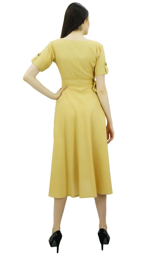 Bimba Damen Kurzarm Leinen Etuikleid Mit Gürtel Freizeitkleider